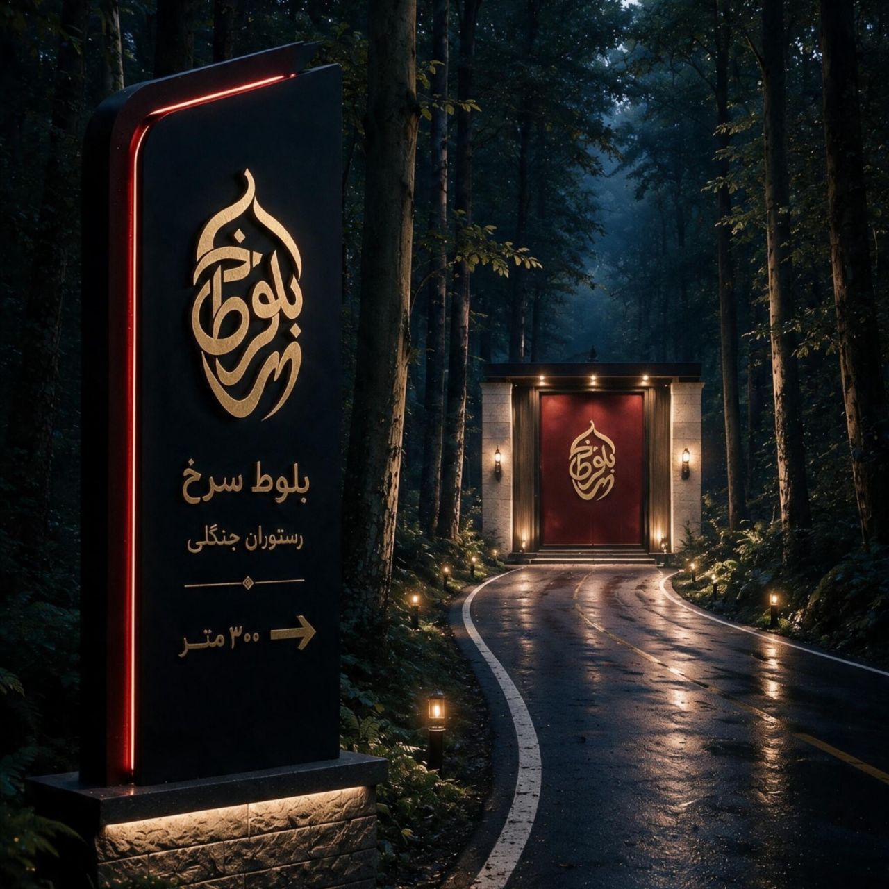 تابلوی ۳۰۰ متر و درب ورودی بلوط سرخ
